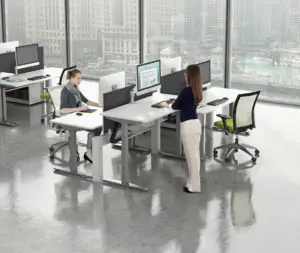 A model of work desks in use
