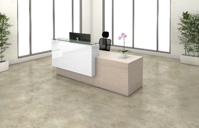 The Overture reception desk by DeskMakers allows your office to save space while still making a terrific first impression.