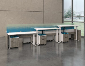 Adjustable desks with panels