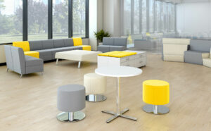A modern space with tables and chairs