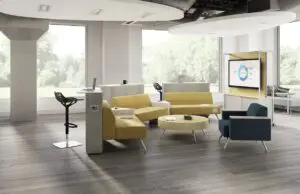 Smart Modern Office Meeting Space in Yellow Blue and Gray