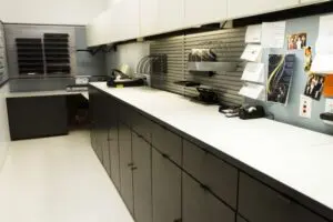 Black and white countertops with storage space