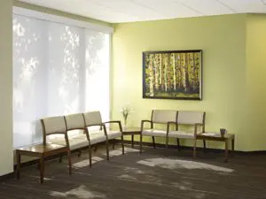 Reception area designed with cream color wood furniture