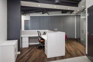 Reception area with gray and white interiors