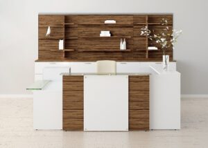 The reception area has been designed with white wood
