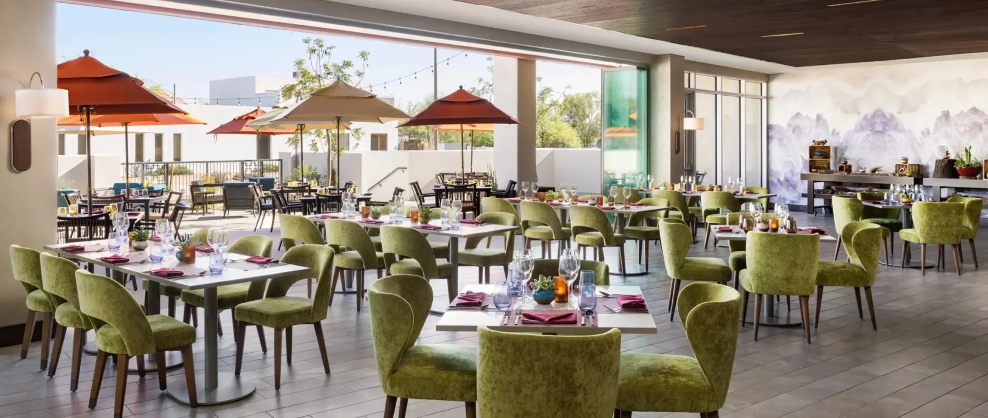 Colorful furniture adorns the dining space of this hotel